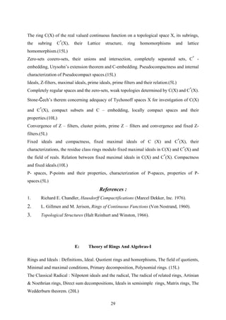 The ring C(X) of the real valued continuous function on a topological space X, its subrings,
the subring C*
(X), their Lattice structure, ring homomorphisms and lattice
homomorphism.(15L)
Zero-sets cozero-sets, their unions and intersection, completely separated sets, C*
-
embedding, Urysohn’s extension theorem and C-embedding. Pseudocompactness and internal
characterization of Pseudocompact spaces.(15L)
Ideals, Z-filters, maximal ideals, prime ideals, prime filters and their relation.(5L)
Completely regular spaces and the zero-sets, weak topologies determined by C(X) and C*
(X).
Stone-Čech’s therem concerning adequacy of Tychonoff spaces X for investigation of C(X)
and C*
(X), compact subsets and C – embedding, locally compact spaces and their
properties.(10L)
Convergence of Z – filters, cluster points, prime Z – filters and convergence and fixed Z-
filters.(5L)
Fixed ideals and compactness, fixed maximal ideals of C (X) and C*
(X), their
characterizations, the residue class rings modulo fixed maximal ideals in C(X) and C*
(X) and
the field of reals. Relation between fixed maximal ideals in C(X) and C*
(X). Compactness
and fixed ideals.(10L)
P- spaces, P-points and their properties, characterization of P-spaces, properties of P-
spaces.(5L)
References :
1. Richard E. Chandler, Hausdorff Compactifications (Marcel Dekker, Inc. 1976).
2. L. Gillmen and M. Jerison, Rings of Continuous Functions (Von Nostrand, 1960).
3. Topological Structures (Halt Reinhurt and Winston, 1966).
E: Theory of Rings And Algebras-I
Rings and Ideals : Definitions, Ideal. Quotient rings and homorphisms, The field of quotients,
Minimal and maximal conditions, Primary decomposition, Polynomial rings. (15L)
The Classical Radical : Nilpotent ideals and the radical, The radical of related rings, Artinian
& Noethrian rings, Direct sum decompositions, Ideals in semisimple rings, Matrix rings, The
Wedderburn theorem. (20L)
29
 
