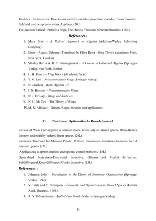 Modules : Preliminaries, Direct sums and free modules, projective modules, Tensor products,
field and matrix representations, Algebras. (20L)
The Jacoson Radical : Primitive rings, The Density Theorem, Structure theorems. (10L)
References :
1. Mary Gray – A Radical Approach to Algebra (Addison-Wesley Publishing
Company).
2. Ernst – August Behrems (Translated by Clive Reis) – Ring Theory (Academic Press,
New York, London).
3. Stanley Burris & H. P. Sankappanvar – A Course in Universal Algebra (Springer-
Verlag, New York, Berlin)
4. L. H. Rowen – Ring Theory (Academic Press)
5. T. Y. Lam – Noncommutative Rings (Springer-Verlag)
6. N. Jacolson – Basic Algebra –II
7. I. N. Herstein – Noncommutative Rings
8. N. J. Divisky – Rings and Radicals
9. N. H. Mc Coy – The Theory of Rings
10.M. R. Adhikari – Groups, Rings, Modules and applications
F: Non Linear Optimization In Banach Spaces-I
Review of Weak Convergence in normed spaces, reflexivity of Banach spaces, Hahn-Banach
theorem and partially ordered linear spaces. (20L)
Existence Theorems for Minimal Points –Problem formulation. Existence theorems. Set of
minimal points. (15L)
Applications to approximations and optimal control problems. (15L)
Generalised Derivatives-Directional derivative. Gâteaux and Frechet derivatives.
Subdifferential. Quasidifferential Clarke derivative. (15L)
References :
1. Johannes John – Introduction to the Theory of Nonlinear Optimization (Springer-
Verlag, 1994)
2. V. Bartu and T. Precupanu – Convexity and Optimization in Banach Spaces (Editura
Acad. Bucaresti, 1986).
3. A. V. Balakrishnan – Applied Functional Analysis (Springer-Verlag)
30
 
