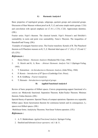 G: Harmonic Analysis-I
Basic properties of topological groups, subgroups, quotient groups and connected groups.
Discussion of Haar Measure without proof on R, T, Z, and some simple matrix groups. L1
(G)
and convolution with special emphasis on L1
( R ), L1
(T), L1
(Z). Approximate identities.
(20L)
Fourier series. Fejer’s theorem. The classical kernels. Fejer’s Poisson’s and Dirichlet’s
summability in norm and point wise summability. Fatou’s Theorem. The inequalities of
Hausdorff and Young. (20L)
Examples of conjugate function series. The Fourier transform. Kernels of R. The Plancherel
theorem on R Planchere measure on R, T, Z. Maximal ideal space of L1
( R ), L1
(T) and L1
(Z). (25L)
References :
1. Henry Helson - Harmonic Analysis ( Hindustan Pub. Corp., 1994)
2. E. Hewitt and K. A. Ross – Abstract Harmonic Analysis Vol. I (Springer-Verlag,
1993)
3. Y. Katznelson – An Introduction to Harmonic Analysis, (John Wiley, 1968)
4. P. Koosis – Introduction of Hp
Spaces (Cambridge Univ. Press).
5. R. R. Goldberg – Fourier transforms
6. T. Huissain – Introduction to topological groups
H: Applied Functional Analysis-I
Review of basic properties of Hilbert spaces. Convex programming-support functional of a
convex set. Minkowski functional. Separation Theorem. Kuhn-Tucker Theorem. Minimax
theorem. Farkas theorem. (20L)
Spectral theory of operators. Spectral Theory of compact operations. Operators on a separable
Hilbert space. Krein factorization theorem for continuous kernels and its consequences. L2
spaces over Hilbert spaces. (30L)
Multilinear forms. Analyticity Theorems. Non-linear Volterra operators. (15L)
References :
1. A. V. Balakrishnan- Applied Functional Analysis, Springer-Verlag.
2. Dunford and Schwartz-Linear operators, vol. 1 & 11.
31
 