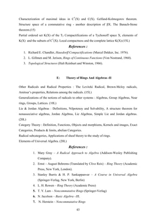 Characterization of maximal ideas in C*
(X) and C(X). Gelfand-Kolmogorov theorem.
Structure space of a commutative ring - another description of βX. The Banach-Stone
theorem.(15)
Partial ordered set K(X) of the T2 Compactifications of a Tychonoff space X, elements of
K(X) and the subsets of C*
(X). Local compactness and the complete lattice K(X).(15L)
References :
1. Richard E. Chandler, Hausdorff Compactifications (Marcel Dekker, Inc. 1976).
2. L. Gillmen and M. Jerison, Rings of Continuous Functions (Von Nostrand, 1960).
3. Topological Structures (Halt Reinhurt and Winston, 1966).
E: Theory of Rings And Algebras -II
Other Radicals and Radical Properties : The Levitzki Radical, Brown-Mcloy radicals,
Amitsur’s properties, Relations among the radicals. (15L)
Generalizations of the notions of radicals to other systems : Algebras, Group Algebras, Near
rings, Groups, Lattices. (10L)
Lie & Jordan Algebras : Definitions, Nilpotenoy and Solvability, A structure theorem for
nonassociative algebras, Jordan Algebras, Lie Algebras, Simple Lie and Jordan algebras.
(20L)
Category Theory : Definition, Functions, Objects and morphisms, Kernels and images, Exact
Categories, Products & limits, abelian Categories.
Radical subcategories, Applications of sheaf theory to the study of rings.
Elements of Universal Algebra. (20L)
References :
1. Mary Gray – A Radical Approach to Algebra (Addison-Wesley Publishing
Company).
2. Ernst – August Behrems (Translated by Clive Reis) – Ring Theory (Academic
Press, New York, London).
3. Stanley Burris & H. P. Sankappanvar – A Course in Universal Algebra
(Springer-Verlag, New York, Berlin)
4. L. H. Rowen – Ring Theory (Academic Press)
5. T. Y. Lam – Noncommutative Rings (Springer-Verlag)
6. N. Jacolson – Basic Algebra –III.
7. N. Herstein – Noncommutative Rings
43
 