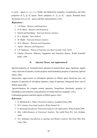 Lp [a,b] – spaces (1 ≤ p ≤ ∞). Holder and Minkowski inequality. Completeness and other
properties of Lp [a, b] spaces. Dense subspaces of Lp [a, b] – spaces. Bounded linear
functionals on Lp [a, b] – spaces and their representations. (15L)
References :
1. I. P. Rana – Measure and Integration
2. G. D. Barra – Measure and Integration
3. Hewitt and Stormberg – Real and Abstract Analysis
4. H. L. Royden – Real Analysis
5. W. Rudin – Real and Abstract Analysis
6. M. E. Munroe – Measure and Integration
7. Taylor - Measure and Integration
8. I. P. Natanson – Theory of Functions of a Real Variable, Vols. I & II.
9. Charles Schwartz- Measure, Integration and Functions Spaces, World Scientific
Publi., 1994.
B: Operator Theory And Applications-II
Spectral properties of bounded-Linear operators in normed linear space; Spectrum, regular
value, resolvant of operator; closure property and boundedness property of spectrum, spectral
radius. (20L)
Eigenvalues, eigen-vectors of self-adjoint operators in Hilbert space, Resolvant sets, real
property of spectrum of self-adjoint operators, range of spectrum, Orthogonal direct sum of
Hilbert space,(20L)
Spectral-theorem for compact normal operators, Sesquilinear functionals, property of
boundedness and symmetry, Generalisation of Cauchy-Schwarz inequality. (15L)
Unbounded-operators and their adjoint in Hilbert spaces. (10L)
References:
1. G. Bachman & L. Narici- Functional Analysis, Academic Press,1966
2. B.V. Limaye- Functional Analysis, Wiley Easten Ltd
3. E. Kreyszig-Introductory Functional Analysis with Applications, Wiley Eastern,1989
4. B.K. Lahiri-Elements of Functional Analysis, The world Press Pvt. Ltd., Kolkata,
1994
5. G.F. Simmons- Introduction to topology and Modern Analysis ,Mc Graw Hill, New
York, 1963
46
 
