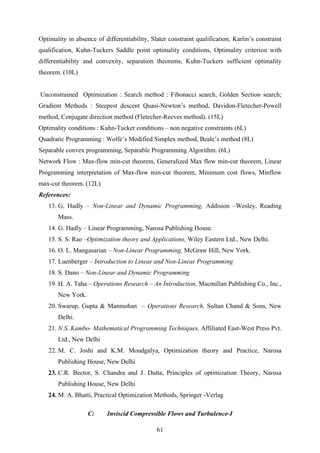Optimality in absence of differentiability, Slater constraint qualification, Karlin’s constraint
qualification, Kuhn-Tuckers Saddle point optimality conditions, Optimality criterion with
differentiability and convexity, separation theorems, Kuhn-Tuckers sufficient optimality
theorem. (10L)
Unconstrained Optimization : Search method : Fibonacci search, Golden Section search;
Gradient Methods : Steepest descent Quasi-Newton’s method, Davidon-Fletecher-Powell
method, Conjugate direction method (Fletecher-Reeves method). (15L)
Optimality conditions : Kuhn-Tucker conditions – non negative constraints (6L)
Quadratic Programming : Wolfe’s Modified Simplex method, Beale’s method (8L)
Separable convex programming, Separable Programming Algorithm. (6L)
Network Flow : Max-flow min-cut theorem, Generalized Max flow min-cut theorem, Linear
Programming interpretation of Max-flow min-cut theorem, Minimum cost flows, Minflow
max-cut theorem. (12L)
References:
13. G. Hadly – Non-Linear and Dynamic Programming, Addision –Wesley, Reading
Mass.
14. G. Hadly – Linear Programming, Narosa Publishing House.
15. S. S. Rao –Optimization theory and Applications, Wiley Eastern Ltd., New Delhi.
16. O. L. Mangasarian – Non-Linear Programming, McGraw Hill, New York.
17. Luenberger – Introduction to Linear and Non-Linear Programming
18. S. Dano – Non-Linear and Dynamic Programming
19. H. A. Taha – Operations Research – An Introduction, Macmillan Publishing Co., Inc.,
New York.
20. Swarup, Gupta & Manmohan – Operations Research, Sultan Chand & Sons, New
Delhi.
21. N.S. Kambo- Mathematical Programming Techniques, Affiliated East-West Press Pvt.
Ltd., New Delhi
22. M. C. Joshi and K.M. Moudgalya, Optimization theory and Practice, Narosa
Publishing House, New Delhi
23. C.R. Bector, S. Chandra and J. Dutta, Principles of optimization Theory, Narosa
Publishing House, New Delhi
24. M. A. Bhatti, Practical Optimization Methods, Springer -Verlag
C: Inviscid Compressible Flows and Turbulence-I
61
 
