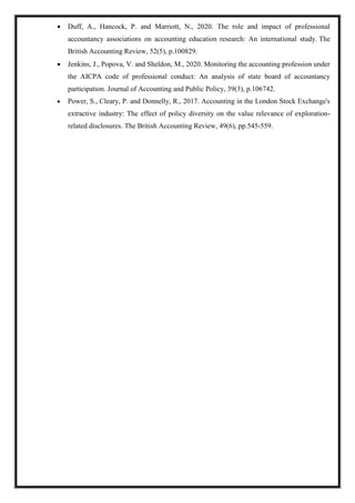  Duff, A., Hancock, P. and Marriott, N., 2020. The role and impact of professional
accountancy associations on accounting education research: An international study. The
British Accounting Review, 52(5), p.100829.
 Jenkins, J., Popova, V. and Sheldon, M., 2020. Monitoring the accounting profession under
the AICPA code of professional conduct: An analysis of state board of accountancy
participation. Journal of Accounting and Public Policy, 39(3), p.106742.
 Power, S., Cleary, P. and Donnelly, R., 2017. Accounting in the London Stock Exchange's
extractive industry: The effect of policy diversity on the value relevance of exploration-
related disclosures. The British Accounting Review, 49(6), pp.545-559.
 