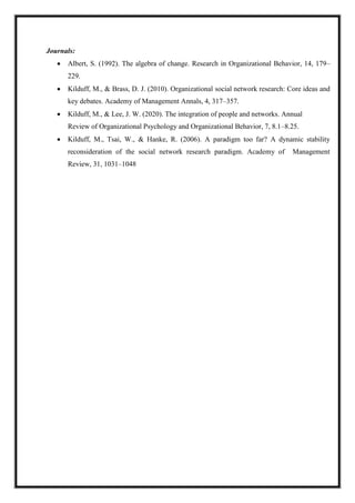 Journals:
 Albert, S. (1992). The algebra of change. Research in Organizational Behavior, 14, 179–
229.
 Kilduff, M., & Brass, D. J. (2010). Organizational social network research: Core ideas and
key debates. Academy of Management Annals, 4, 317–357.
 Kilduff, M., & Lee, J. W. (2020). The integration of people and networks. Annual
Review of Organizational Psychology and Organizational Behavior, 7, 8.1–8.25.
 Kilduff, M., Tsai, W., & Hanke, R. (2006). A paradigm too far? A dynamic stability
reconsideration of the social network research paradigm. Academy of Management
Review, 31, 1031–1048
 
