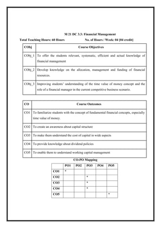 M 21 DC 3.3: Financial Management
Total Teaching Hours: 60 Hours No. of Hours / Week: 04 [04 credit]
CObj Course Objectives
CObj_1 To offer the students relevant, systematic, efficient and actual knowledge of
financial management
CObj_2 Develop knowledge on the allocation, management and funding of financial
resources.
CObj_3 Improving students’ understanding of the time value of money concept and the
role of a financial manager in the current competitive business scenario.
CO Course Outcomes
CO1 To familiarize students with the concept of fundamental financial concepts, especially
time value of money.
CO2 To create an awareness about capital structure
CO3 To make them understand the cost of capital in wide aspects
CO4 To provide knowledge about dividend policies
CO5 To enable them to understand working capital management
CO-PO Mapping
PO1 PO2 PO3 PO4 PO5
CO1 *
CO2 *
CO3 *
CO4 *
CO5 *
 
