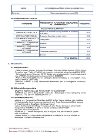 UNIDAD CRITERIO DE EVALUACIÓN EN FUNCIÓN DE LOS OBJETIVOS
Contenidos Elabora sistemas web con el uso de CMS
PROCEDIMIENTOS ALTERNATIVOS DE EVALUACIÓN
DE LOS APRENDIZAJES
PORCENTAJE
EVALUACIÓN EN EL PROCESO
COMPONENTE
Proyecto de problematización y resolución de problemas
o de casos
COMPONENTE DE DOCENCIA 20,00
Evaluación Sistemática (oral y/o escrita)COMPONENTE DE DOCENCIA 10,00
Taller práctico
COMPONENTE DE PRÁCTICAS DE
APLICACIÓN Y
10,00
Portafolio
COMPONENTE DE APRENDIZAJE
AUTÓNOMO
10,00
Ensayos
COMPONENTE DE APRENDIZAJE
AUTÓNOMO
10,00
Trabajos de investigación
COMPONENTE DE APRENDIZAJE
AUTÓNOMO
10,00
Examen 30,00
TOTAL GENERAL: 100,00
4.2 Procedimientos de Evaluación
SALDIVAR, TECNOLOGIAS DE INFORMACIÓN Y COMUNICACIÓN
JOYANES, Luis (2013) Computación en la nube : Estrategias de cloud computing en las
empresas, 1era Edición, España (BCS02142)
• Celleri-Pacheco Jennifer, Andrade-Garda Javier, Rodriguez-Yáñez Santiago. (2018). Cloud
Computing para PYMEs. UTMACH. http://repositorio.utmachala.edu.ec/handle/48000/12507
• Samaniego Ocampo, Rosemary (2015). Google apps y redes sociales herramientas para el
aula. UTMACH, Unidad Académica Ingeniería Civil. (BIC01072)
• Andrada Ana María (2013). Nuevas tecnologías de la informática y la comunicación / Nticx.
Editorial MAIPUE. (BIC01056)
• Fernando Gutiérrez (c2008). Internet como herramienta para la investigación. Alfaomega.
(BIC00819)
5.- BIBLIOGRAFÍA
5.2 Bibliografía Complementaria
5.1 Bibliografía Básica
5.3 Páginas Web (Webgrafía)
bubbl.us. (s.f.). Recuperado el 09 de Mayo de 2016, de Sitio Web de bubbl.us: https://bubbl.us/
Florida Institute for Human & Machine Cognition, I. (s.f.). Cmap. Recuperado el 09 de Mayo de
2016, de Sitio web de CmapTools: http://cmap.ihmc.us/
Instituto de Información Científica y Tecnológica, I. (s.f.). Revista Ciencias de la Información.
Recuperado el 09 de Mayo de 2016, de Revista Ciencias de la Información:
http://cinfo.idict.cu/index.php/cinfo
Moodle.Net. (s.f.). Moodle. Recuperado el 09 de Mayo de 2016, de Sitio web de Moodle:
https://moodle.org/
Pantallas Amigas. (s.f.). Netiquetate. Recuperado el 09 de Mayo de 2016, de Sitio web de
Netiquetate: http://www.netiquetate.com/
Syllabus Estandarizado UTMACH Pág. 11 de 12
Generado por: SIUTMACH/ACADÉMICO 2019-01-07 08:32 - Emitido por: pdavila2
 
