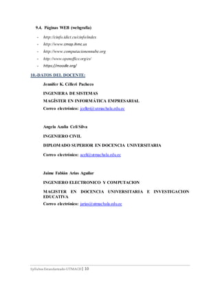 Syllabus Estandarizado-UTMACH| 10
9.4. Páginas WEB (webgrafía)
- http://cinfo.idict.cu/cinfo/index
- http://www.cmap.ihmc.us
- http://www.computacionennube.org
- http://www.openoffice.org/es/
- https://moodle.org/
10.-DATOS DEL DOCENTE:
Jennifer K. Célleri Pacheco
INGENIERA DE SISTEMAS
MAGÍSTER EN INFORMÁTICA EMPRESARIAL
Correo electrónico: jcelleri@utmachala.edu.ec
Angela Azalia Celi Silva
INGENIERO CIVIL
DIPLOMADO SUPERIOR EN DOCENCIA UNIVERSITARIA
Correo electrónico: aceli@utmachala.edu.ec
Jaime Fabián Arias Aguilar
INGENIERO ELECTRONICO Y COMPUTACION
MAGISTER EN DOCENCIA UNIVERSITARIA E INVESTIGACION
EDUCATIVA
Correo electrónico: jarias@utmachala.edu.ec
 