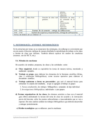 Syllabus Estandarizado-UTMACH| 7
práctica.
- Ejercicios de
aplicación.
16.09/02 – 13/02 Sitios Web - Creación de sitios web
gratuitos.
- Generación de ideas
de contenido de la
clase.
- Demostración
práctica.
- Ejercicios de
aplicación
3
16/02 – 20/02 Examen fin de semestre - entrega de calificaciones
23/02 – 27/02 Examen de suspenso y mejoramiento, entrega de calificaciones
TOTAL DE HORAS DE LA UNIDAD IV 9
5.- METODOLOGÍA: (ENFOQUE METODOLÓGICO)
En la estructura por temas ya se enunciaron las estrategias, sin embargo es conveniente que
en este punto el docente explique de manera detallada la metodología de trabajo en los tipos
o formas de clase que utilizara. También deberá explicar los medios de enseñanza
(recursos, uso de TIC’S, etc,).
5.1. Métodos de enseñanza
De acuerdo a la temática propuesta, las clases y las actividades serán:
a) Clase magistral, donde se expondrán los temas de manera teórica, mostrando y
analizando ejemplos.
b) Trabajo en grupo, para elaborar los elementos de la literatura científica (fichas,
citas y referencias bibliográficas), como recurso operativo para elaborar el
documento científico.
c) Trabajo autónomo u horas no presenciales ,que será el material básico para
estructurar la carpeta del estudiante, al que se agregará el trabajo en grupo:
1. Tareas estudiantiles, los trabajos bibliográficos semanales de tipo individual.
2. Investigaciones bibliográficas, individuales o por grupos.
d) Formas organizativas de las clases, los alumnos asistirán a clase con el material
guía (libro) adelantando la lectura del tema de clase de acuerdo a la instrucción
previa del docente, sobre los puntos sobresalientes o trascendentales que se van a
exponer. De estos análisis saldrán los trabajos bibliográficos que deberán desarrollar
y entregar posteriormente.
e) Medios tecnológicos que se utilizaran para la enseñanza:
 