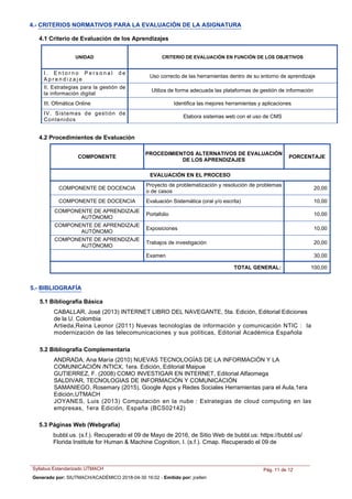 4.- CRITERIOS NORMATIVOS PARA LA EVALUACIÓN DE LA ASIGNATURA
4.1 Criterio de Evaluación de los Aprendizajes
UNIDAD CRITERIO DE EVALUACIÓN EN FUNCIÓN DE LOS OBJETIVOS
I . E n t o r n o P e r s o n a l d e
A p r e n d i z a j e
Uso correcto de las herramientas dentro de su entorno de aprendizaje
II. Estrategias para la gestión de
la información digital
Utiliza de forma adecuada las plataformas de gestión de información
III. Ofimática Online Identifica las mejores herramientas y aplicaciones
IV. Sistemas de gestión de
Contenidos
Elabora sistemas web con el uso de CMS
PROCEDIMIENTOS ALTERNATIVOS DE EVALUACIÓN
DE LOS APRENDIZAJES
PORCENTAJE
EVALUACIÓN EN EL PROCESO
COMPONENTE
Proyecto de problematización y resolución de problemas
o de casos
COMPONENTE DE DOCENCIA 20,00
Evaluación Sistemática (oral y/o escrita)COMPONENTE DE DOCENCIA 10,00
Portafolio
COMPONENTE DE APRENDIZAJE
AUTÓNOMO
10,00
Exposiciones
COMPONENTE DE APRENDIZAJE
AUTÓNOMO
10,00
Trabajos de investigación
COMPONENTE DE APRENDIZAJE
AUTÓNOMO
20,00
Examen 30,00
TOTAL GENERAL: 100,00
4.2 Procedimientos de Evaluación
ANDRADA, Ana María (2010) NUEVAS TECNOLOGÍAS DE LA INFORMACIÓN Y LA
COMUNICACIÓN /NTICX, 1era. Edición, Editorial Maipue
GUTIERREZ, F. (2008) COMO INVESTIGAR EN INTERNET, Editorial Alfaomega
SALDIVAR, TECNOLOGIAS DE INFORMACIÓN Y COMUNICACIÓN
SAMANIEGO, Rosemary (2015), Google Apps y Redes Sociales Herramientas para el Aula,1era
Edición,UTMACH
JOYANES, Luis (2013) Computación en la nube : Estrategias de cloud computing en las
empresas, 1era Edición, España (BCS02142)
CABALLAR, José (2013) INTERNET LIBRO DEL NAVEGANTE, 5ta. Edición, Editorial Ediciones
de la U. Colombia
Artieda,Reina Leonor (2011) Nuevas tecnologías de información y comunicación NTIC : la
modernización de las telecomunicaciones y sus políticas, Editorial Académica Española
5.- BIBLIOGRAFÍA
5.2 Bibliografía Complementaria
5.1 Bibliografía Básica
5.3 Páginas Web (Webgrafía)
bubbl.us. (s.f.). Recuperado el 09 de Mayo de 2016, de Sitio Web de bubbl.us: https://bubbl.us/
Florida Institute for Human & Machine Cognition, I. (s.f.). Cmap. Recuperado el 09 de
Syllabus Estandarizado UTMACH Pág. 11 de 12
Generado por: SIUTMACH/ACADÉMICO 2018-04-30 16:02 - Emitido por: jcelleri
 