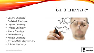 G.E  CHEMISTRY
• General Chemistry
• Analytical Chemistry
• Organic Chemistry
• Physical Chemistry
• Kinetic Chemistry
• Electrochemistry
• Nuclear Chemistry
• Product/Materials Chemistry
• Polymer Chemistry
www.ChemicalEngineeringGuy.com
 