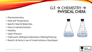 G.E  CHEMISTRY 
PHYSICAL CHEM.
• Thermochemistry
• Heat and Temperature
• Specific Heat & Water/Gas
• Heat of reaction/solution
• Volatility
• Vapor Pressure
• Triple point, Boiling/Condensation; Melting/Freezing
• Raoult’s & Henry’s Law of mixed solutions (liquid/gas)
www.ChemicalEngineeringGuy.com
 
