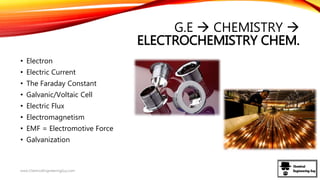 G.E  CHEMISTRY 
ELECTROCHEMISTRY CHEM.
• Electron
• Electric Current
• The Faraday Constant
• Galvanic/Voltaic Cell
• Electric Flux
• Electromagnetism
• EMF = Electromotive Force
• Galvanization
www.ChemicalEngineeringGuy.com
 