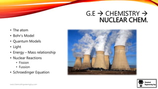 G.E  CHEMISTRY 
NUCLEAR CHEM.
• The atom
• Bohr’s Model
• Quantum Models
• Light
• Energy – Mass relationship
• Nuclear Reactions
• Fission
• Fussion
• Schroedinger Equation
www.ChemicalEngineeringGuy.com
 