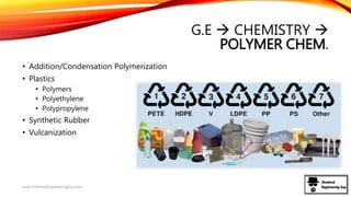 G.E  CHEMISTRY 
POLYMER CHEM.
• Addition/Condensation Polymerization
• Plastics
• Polymers
• Polyethylene
• Polypropylene
• Synthetic Rubber
• Vulcanization
www.ChemicalEngineeringGuy.com
 