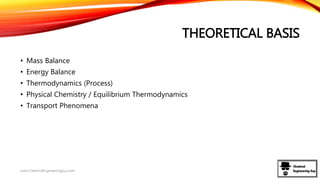 THEORETICAL BASIS
• Mass Balance
• Energy Balance
• Thermodynamics (Process)
• Physical Chemistry / Equilibrium Thermodynamics
• Transport Phenomena
www.ChemicalEngineeringGuy.com
 