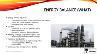 ENERGY BALANCE (WHAT)
• Energy Balance Equation
• Processes with change of Temperature (specific heat capacity)
• Process with change of phase (Latent heat)
• Flashing and other binary systems
• Systems
• Isothermal (Ti = Tf) and Adiabatic (Q=0)
• Heat/Enthalpy of…
• Formation, Reaction, Solution/Mixture
• Reading Enthalpy Diagrams/Graphs/Tables
• Humidity/Psychrometric Chart Balances
• Fuels and Combustion
• Low Heating Value vs. High Heating Value
• Fuel Energy Output (MW/kg)
• Environment
• Unsteady State Energy Balance (Batch)
www.ChemicalEngineeringGuy.com
 