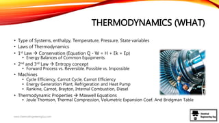 THERMODYNAMICS (WHAT)
• Type of Systems, enthalpy, Temperature, Pressure, State variables
• Laws of Thermodynamics
• 1st Law  Conservation (Equation Q - W = H + Ek + Ep)
• Energy Balances of Common Equipments
• 2nd and 3rd Law  Entropy concept
• Forward Process vs. Reversible. Possible vs. Impossible
• Machines
• Cycle Efficiency, Carnot Cycle, Carnot Efficiency
• Energy Generation Plant, Refrigeration and Heat Pump
• Rankine, Carnot, Brayton, Internal Combustion, Diesel
• Thermodynamic Properties  Maxwell Equations
• Joule Thomson, Thermal Compression, Volumetric Expansion Coef. And Bridgman Table
www.ChemicalEngineeringGuy.com
 