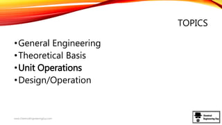 TOPICS
•General Engineering
•Theoretical Basis
•Unit Operations
•Design/Operation
www.ChemicalEngineeringGuy.com
 