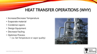 HEAT TRANSFER OPERATIONS (WHY)
• Increase/Decrease Temperature
• Evaporate material
• Condense vapors
• Design Equipment
• Decrease Fauling
• Optimize Process
• (i.e. Set Temperature or vapor quality)
www.ChemicalEngineeringGuy.com
 