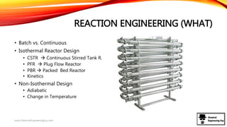 REACTION ENGINEERING (WHAT)
• Batch vs. Continuous
• Isothermal Reactor Design
• CSTR  Continuous Stirred Tank R.
• PFR  Plug Flow Reactor
• PBR  Packed Bed Reactor
• Kinetics
• Non-Isothermal Design
• Adiabatic
• Change in Temperature
www.ChemicalEngineeringGuy.com
 