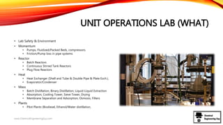 UNIT OPERATIONS LAB (WHAT)
• Lab Safety & Environment
• Momentum
• Pumps, Fluidized/Packed Beds, compressors.
• Friction/Pump loss in pipe systems
• Reactor
• Batch Reactors
• Continuous Stirred Tank Reactors
• Plug Flow Reactors
• Heat
• Heat Exchanger (Shell and Tube & Double Pipe & Plate Exch.),
• Evaporator/Condenser
• Mass
• Batch Distillation, Binary Distillation, Liquid-Liquid Extraction
• Absorption, Cooling Tower, Sieve Tower, Drying
• Membrane Separation and Adsorption, Osmosis, Filters
• Plants
• Pilot Plants (Biodiesel, Ethanol/Water distillation,
www.ChemicalEngineeringGuy.com
 