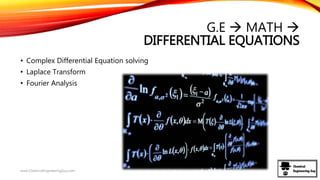 G.E  MATH 
DIFFERENTIAL EQUATIONS
• Complex Differential Equation solving
• Laplace Transform
• Fourier Analysis
www.ChemicalEngineeringGuy.com
 