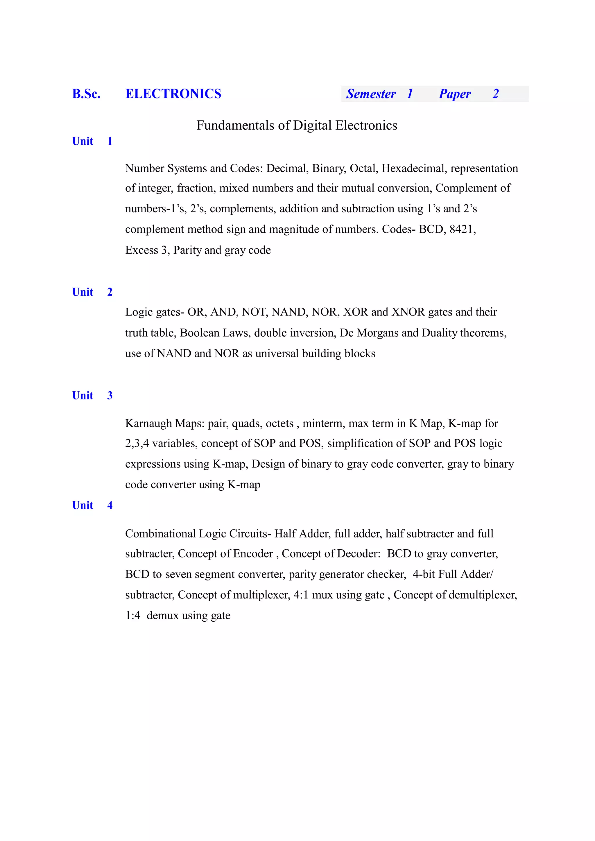 B.Sc. ELECTRONICS Semester 1 Paper 2
Fundamentals of Digital Electronics
Unit 1
Number Systems and Codes: Decimal, Binary, Octal, Hexadecimal, representation
of integer, fraction, mixed numbers and their mutual conversion, Complement of
numbers-1’s, 2’s, complements, addition and subtraction using 1’s and 2’s
complement method sign and magnitude of numbers. Codes- BCD, 8421,
Excess 3, Parity and gray code
Unit 2
Logic gates- OR, AND, NOT, NAND, NOR, XOR and XNOR gates and their
truth table, Boolean Laws, double inversion, De Morgans and Duality theorems,
use of NAND and NOR as universal building blocks
Unit 3
Karnaugh Maps: pair, quads, octets , minterm, max term in K Map, K-map for
2,3,4 variables, concept of SOP and POS, simplification of SOP and POS logic
expressions using K-map, Design of binary to gray code converter, gray to binary
code converter using K-map
Unit 4
Combinational Logic Circuits- Half Adder, full adder, half subtracter and full
subtracter, Concept of Encoder , Concept of Decoder: BCD to gray converter,
BCD to seven segment converter, parity generator checker, 4-bit Full Adder/
subtracter, Concept of multiplexer, 4:1 mux using gate , Concept of demultiplexer,
1:4 demux using gate
 