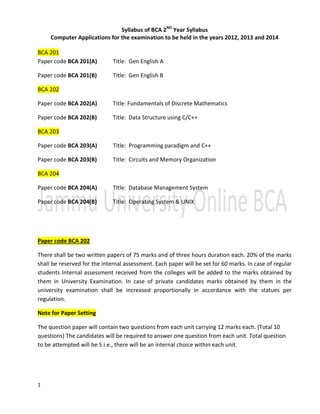 1
Syllabus of BCA 2ND
Year Syllabus
Computer Applications for the examination to be held in the years 2012, 2013 and 2014
BCA 201
Paper code BCA 201(A) Title: Gen English A
Paper code BCA 201(B) Title: Gen English B
BCA 202
Paper code BCA 202(A) Title: Fundamentals of Discrete Mathematics
Paper code BCA 202(B) Title: Data Structure using C/C++
BCA 203
Paper code BCA 203(A) Title: Programming paradigm and C++
Paper code BCA 203(B) Title: Circuits and Memory Organization
BCA 204
Paper code BCA 204(A) Title: Database Management System
Paper code BCA 204(B) Title: Operating System & UNIX
Paper code BCA 202
There shall be two written papers of 75 marks and of three hours duration each. 20% of the marks
shall be reserved for the internal assessment. Each paper will be set for 60 marks. In case of regular
students Internal assessment received from the colleges will be added to the marks obtained by
them in University Examination. In case of private candidates marks obtained by them in the
university examination shall be increased proportionally in accordance with the statues per
regulation.
Note for Paper Setting
The question paper will contain two questions from each unit carrying 12 marks each. (Total 10
questions) The candidates will be required to answer one question from each unit. Total question
to be attempted will be 5 i.e., there will be an internal choice within each unit.
 