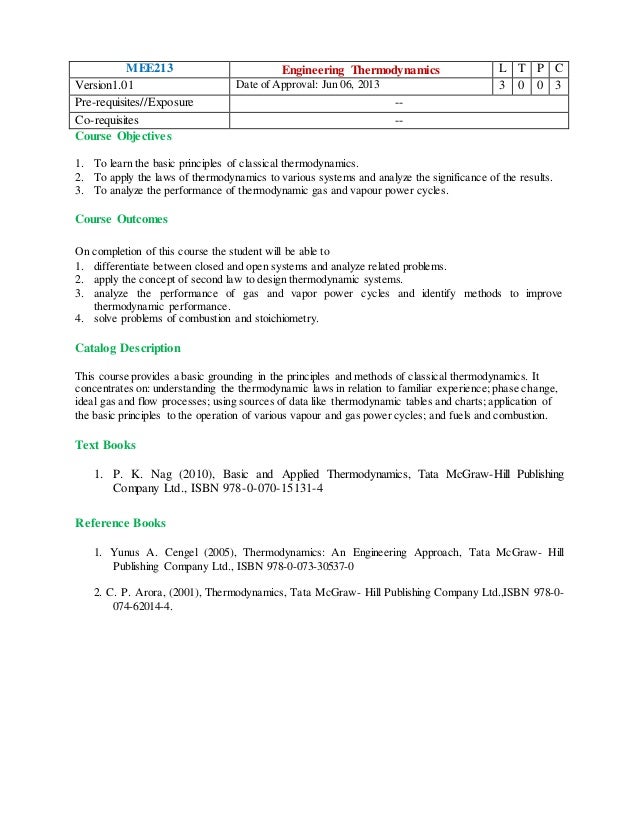 Syllabus of engineering thermodynamics Syllabus of engineering thermodynamics