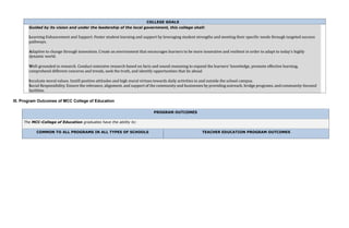 COLLEGE GOALS
Guided by its vision and under the leadership of the local government, this college shall:
Learning Enhancement and Support. Foster student learning and support by leveraging student strengths and meeting their specific needs through targeted success
pathways.
Adaptive to change through innovation. Create an environment that encourages learners to be more innovative and resilient in order to adapt to today’s highly
dynamic world.
Well-grounded in research. Conduct extensive research based on facts and sound reasoning to expand the learners’ knowledge, promote effective learning,
comprehend different concerns and trends, seek the truth, and identify opportunities that lie ahead.
Inculcate moral values. Instill positive attitudes and high moral virtues towards daily activities in and outside the school campus.
Social Responsibility. Ensure the relevance, alignment, and support of the community and businesses by providing outreach, bridge programs, and community-focused
facilities.
III. Program Outcomes of MCC College of Education
PROGRAM OUTCOMES
The MCC-College of Education graduates have the ability to:
COMMON TO ALL PROGRAMS IN ALL TYPES OF SCHOOLS TEACHER EDUCATION PROGRAM OUTCOMES
 