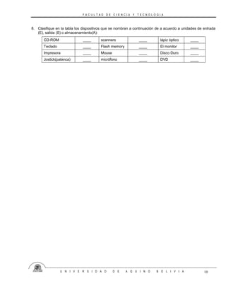 F A C U L T A D D E C I E N C I A Y T E C N O L O G I A
U N I V E R S I D A D D E A Q U I N O B O L I V I A 10
8. Clasifique en la tabla los dispositivos que se nombran a continuación de a acuerdo a unidades de entrada
(E), salida (S) o almacenamiento(A):
CD-ROM ____ scanners ____ lápiz óptico ____
Teclado ____ Flash memory ____ El monitor ____
Impresora ____ Mouse ____ Disco Duro ____
Jostick(palanca) ____ micrófono ____ DVD ____
 