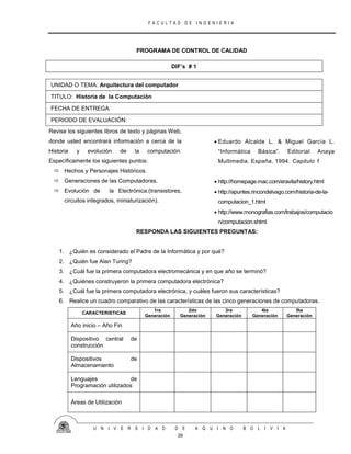 F A C U L T A D D E I N G E N I E R I A
U N I V E R S I D A D D E A Q U I N O B O L I V I A
26
PROGRAMA DE CONTROL DE CALIDAD
DIF’s # 1
UNIDAD O TEMA: Arquitectura del computador
TITULO: Historia de la Computación
FECHA DE ENTREGA:
PERIODO DE EVALUACIÓN:
Revise los siguientes libros de texto y páginas Web,
donde usted encontrará información a cerca de la
Historia y evolución de la computación.
Específicamente los siguientes puntos:
 Hechos y Personajes Históricos.
 Generaciones de las Computadoras.
 Evolución de la Electrónica.(transistores,
circuitos integrados, miniaturización).
 Eduardo Alcalde L. & Miguel García L.
“Informática Básica”. Editorial Anaya
Multimedia. España, 1994. Capitulo 1
 http://homepage.mac.com/eravila/history.html
 http://apuntes.rincondelvago.com/historia-de-la-
computacion_1.html
 http://www.monografias.com/trabajos/computacio
n/computacion.shtml
RESPONDA LAS SIGUIENTES PREGUNTAS:
1. ¿Quién es considerado el Padre de la Informática y por qué?
2. ¿Quién fue Alan Turing?
3. ¿Cuál fue la primera computadora electromecánica y en que año se terminó?
4. ¿Quiénes construyeron la primera computadora electrónica?
5. ¿Cuál fue la primera computadora electrónica, y cuáles fueron sus características?
6. Realice un cuadro comparativo de las características de las cinco generaciones de computadoras.
CARACTERISTICAS
1ra
Generación
2do
Generación
3ra
Generación
4ta
Generación
5ta
Generación
Año inicio – Año Fin
Dispositivo central de
construcción
Dispositivos de
Almacenamiento
Lenguajes de
Programación utilizados
Áreas de Utilización
 