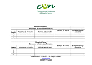 VICERRECTORIA ACADEMICA Y DE INVESTIGACIONES
www.cun.edu.co
viceacadem@cun.edu.co
Bogotá D.C. - Colombia
Modalidad Distancia
Planeación del proceso de formación
Sesión Propósitos de formación Acciones a desarrollar
Tiempos de tutoría Tiempo de trabajo
autónomo
1
2
3
Modalidad Virtual
Planeación del proceso de formación
Sesión Propósitos de formación Acciones a desarrollar
Tiempos de tutoría Tiempo de trabajo
autónomo
1
2
3
4
 
