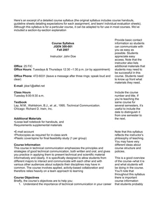 Here’s an excerpt of a detailed course syllabus (the original syllabus includes course handouts,
guideline sheets detailing expectations for each assignment, and team/ individual evaluation sheets).
Although this syllabus is for a particular course, it can be adapted to for use in most courses. We’ve
included a section-by-section explanation
Course Syllabus
JGEN 300-001
Fall 2007
Instructor: John Doe
Office: 25 FIC
Office Hours: Tuesdays & Thursdays 12:30 –1:30 p.m. (or by appointment)
Office Phone: 472-6031 (leave a message after three rings; speak loud and
clear)
E-mail: jdoe1@alltel.net
Class Hours
Tuesday 8:00-9:30 a.m.
Textbook
Lay, M.M., Wahlstrom, B.J., et .al., 1995. Technical Communication.
Chicago: Richard D. Irwin, Inc.
Additional Materials
•Loose leaf notebook for handouts, and
Requirements supplemental materials
•E-mail account
•Photocopies as required for in-class work
•Plastic cover/spine for final feasibility study (1 per group)
Course Information
This course in technical communication emphasizes the principles and
strategies of good technical communication, both written and oral, and gives
you practice in applying them to present technical and scientific material
informatively and clearly. It is specifically designed to allow students from
different majors to interact and communicate with each other and with
various other audiences about subjects their disciplines may have in
common. The course involves applied, activity-based collaboration and
therefore relies heavily on a team approach to learning
Course Objectives
Briefly, the course’s objectives are to help you:
1. Understand the importance of technical communication in your career
Provide basic contact
information so students
can communicate with
you as easy as
possible. Students
appreciate easy
access. Note that the
instructor also lists
additional materials that
students may need to
be successful in this
course. Students need
to know up front what
materials they need.
Include the course
number and title. If
you’re teaching the
same course for
several semesters, it’s
useful to include the
date to distinguish it
from one semester to
the next.
Note that this syllabus
reflects the instructor’s
philosophy of teaching.
You may have very
different ideas about
course structure and
policies.
This is a good overview
of the course--what it is
and what students will
be doing in the course.
You’ll note that
throughout this syllabus
there is important
course information
that students probably
 