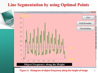 Line Segmentation by using Optimal Points
Figure 6. Histogram of object frequency along the height of image 9
 