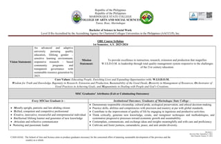 Republic of the Philippines
Republic of the Philippines
MARINDUQUE STATE COLLEGE
COLLEGE OF ARTS AND SOCIAL SCIENCES
Tanza, Boac, Marinduque
Bachelor of Science in Social Work
Level II Re-Accredited by the Accrediting Agency for Chartered Colleges Universities in the Philippines (AACCUP), Inc.
Revision 1
Revision Date: September 5, 2023
Date Prepared: January 23, 2023
CASS GOAL: The School of Arts and Science aims to produce graduates necessary for the concerned effort of attaining sustainable development of the province and the
country as a whole.
OBE Course Syllabus
1st Semester, A.Y. 2023-2024
Vision Statement:
An advanced and adaptive
university pursuing quality
education, lifelong gender –
sensitive learning environment,
responsive research – based
community programs and
transparent governance with
sustainable resource generation by
2025.
Mission
Statement:
To provide excellence in instruction, research, extension and production that magnifies
W.I.S.D.O.M. in leadership through total quality management system responsive to the challenges
of the 21st century education.
Core Values: Educating People, Enriching Lives and Expanding Opportunities with: W.I.S.D.O.M.
Wisdom for Truth and Knowledge, Ingenuity in Research, Extension and Production, Sustainability of the Good Deeds, Dexterity in Management of Resources, Orchestrator of
Good Practices in Achieving Goals, and Magnanimity in Dealing with People and God’s Creations.
MSC Graduates’ Attributes (Exit or Culminating Outcomes)
Every MSCian Graduate is - Institutional Outcomes: Graduates of Marinduque State College -
 Morally upright, patriotic and law-abiding citizen
 Skilled, competent and competitive professional
 Creative, innovative, resourceful and entrepreneurial individual
 Intellectual lifelong learner and generator of new knowledge
 Articulate and reflective communicator
 Nurturing and passionate leader
 Demonstrate responsible citizenship, cultural pride, ecological preservation, and ethical decision-making.
 Practice skills, abilities and competencies with precision and mastery at par with global standards.
 Contribute to the improvement of quality of life by engaging in ingenious and productive activities.
 Think critically, generate new knowledge, create, and reengineer techniques and methodologies, and
systematize progressive processes toward economic growth and sustainability.
 Contemplate, communicate, and exchange ideas and insights meaningfully and with care and proficiency.
 Cultivate and foster justness, camaraderie, peace, and unit amidst diversity.
 