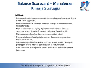 Balance Scorecard – Manajemen
          Kinerja Strategis
SASARAN:
• Memahami model kinerja organisasi dan mendiagnosa kurangnya kinerja
  dalam suatu organisasi.
• Memahami manfaat Balanced Scorecard sebagai sistem manajemen
  kinerja terpadu.
• Memahami istilah kunci yang digunakan dalam konteks Balanced
  Scorecard seperti Leading & Lagging indicators, Cascading dll.
• Mampu mengembangkan dan menerapkan peta strategi
• Mempelajari metodologi untuk membuat dan menerapkan sistem
  Balanced Scorecard.
• Mampu mengembangkan 4 perspektif dari ukuran kinerja: keuangan,
  pelanggan, proses internal, pembelajaran & pertumbuhan.
• Cara-cara untuk meningkatkan kinerja perusahaan berbasis Balanced
  Scorecard.




      Your Partner in People and Organization Development
 