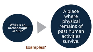 What is an
Archaeologic
al Site?
A place
where
physical
remains of
past human
activities
survive.
Examples
Examples?
 