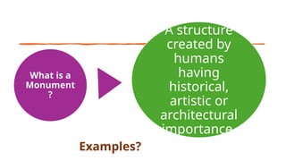 What is a
Monument
?
A structure
created by
humans
having
historical,
artistic or
architectural
importance.
Examples?
 