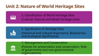 Unit 2: Nature of World Heritage Sites
5. Classification of World Heritage Sites
(Cultural, Natural and Mixed heritage sites)
6. Significance of Heritage Sites
(Historical and cultural importance, Biodiversity
and ecological significance)
7. Management and Conservation
(Policies for preservation and conservation, Role
of government and non-governmental
organizations)
 