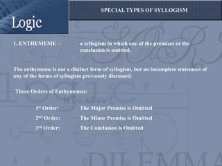 SPECIAL TYPES OF SYLLOGISM




1. ENTHEMEME –             a syllogism in which one of the premises or the
                           conclusion is omitted.


The enthymeme is not a distinct form of syllogism, but an incomplete statement of
any of the forms of syllogism previously discussed.

Three Orders of Enthymemes:


         1st Order:        The Major Premise is Omitted
         2nd Order:        The Minor Premise is Omitted
         3rd Order:        The Conclusion is Omitted
 