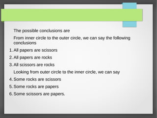 The possible conclusions are
From inner circle to the outer circle, we can say the following
conclusions
1.All papers are scissors
2.All papers are rocks
3.All scissors are rocks
Looking from outer circle to the inner circle, we can say
4.Some rocks are scissors
5.Some rocks are papers
6.Some scissors are papers.
 