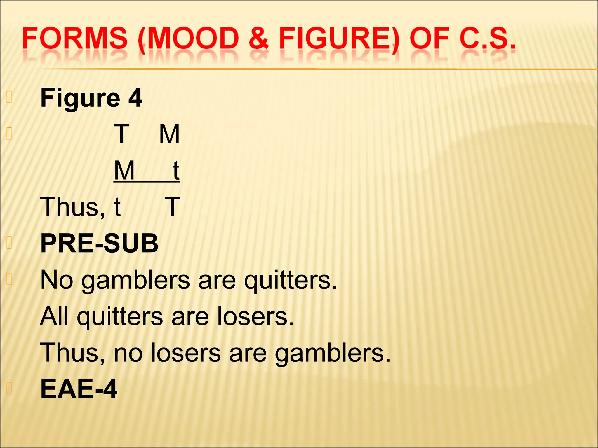    Figure 4
          T M
           M t
    Thus, t     T
   PRE-SUB
   No gamblers are quitters.
    All quitters are losers.
    Thus, no losers are gamblers.
   EAE-4
 