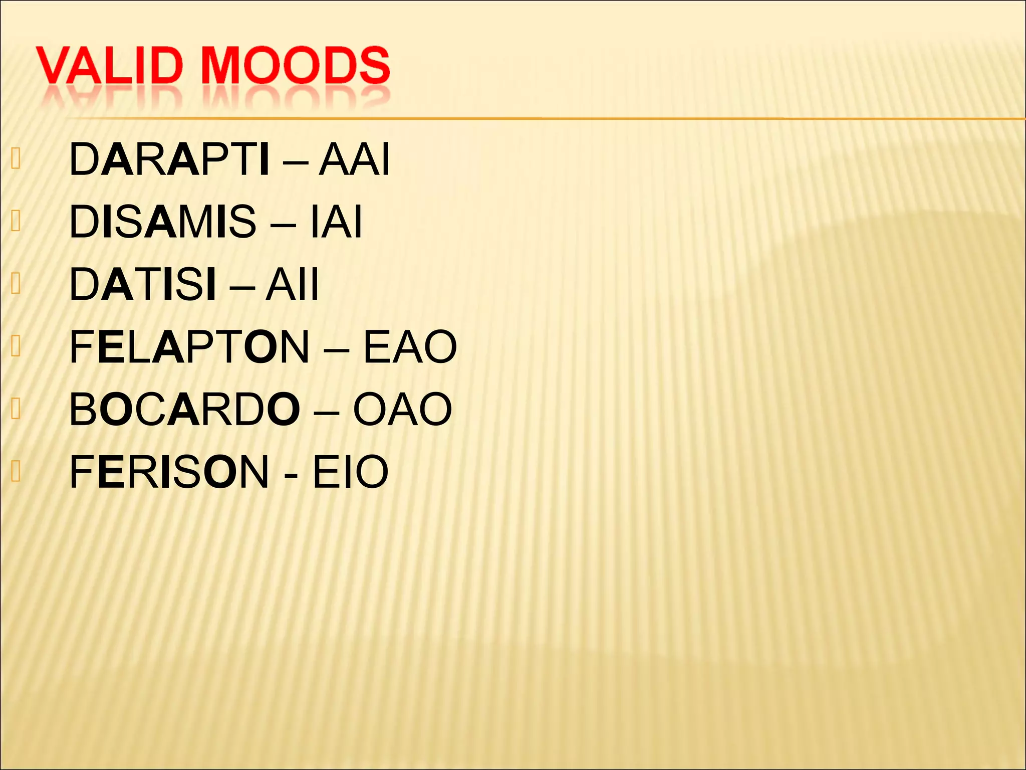    DARAPTI – AAI
   DISAMIS – IAI
   DATISI – AII
   FELAPTON – EAO
   BOCARDO – OAO
   FERISON - EIO
 