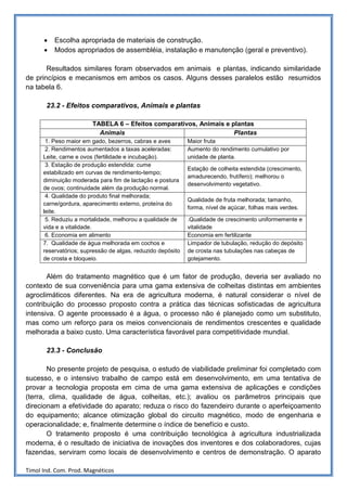 •   Escolha apropriada de materiais de construção.
      •   Modos apropriados de assembléia, instalação e manutenção (geral e preventivo).

       Resultados similares foram observados em animais e plantas, indicando similaridade
de princípios e mecanismos em ambos os casos. Alguns desses paralelos estão resumidos
na tabela 6.

       23.2 - Efeitos comparativos, Animais e plantas

                        TABELA 6 – Efeitos comparativos, Animais e plantas
                          Animais                                   Plantas
       1. Peso maior em gado, bezerros, cabras e aves        Maior fruta
       2. Rendimentos aumentados a taxas aceleradas:         Aumento do rendimento cumulativo por
      Leite, carne e ovos (fertilidade e incubação).         unidade de planta.
       3. Estação de produção estendida: cume
                                                             Estação de colheita estendida (crescimento,
      estabilizado em curvas de rendimento-tempo;
                                                             amadurecendo, frutífero); melhorou o
      diminuição moderada para fim de lactação e postura
                                                             desenvolvimento vegetativo.
      de ovos; continuidade além da produção normal.
       4. Qualidade do produto final melhorada;
                                                             Qualidade de fruta melhorada; tamanho,
      carne/gordura, aparecimento externo, proteína do
                                                             forma, nível de açúcar, folhas mais verdes.
      leite.
       5. Reduziu a mortalidade, melhorou a qualidade de     .Qualidade de crescimento uniformemente e
      vida e a vitalidade.                                   vitalidade
       6. Economia em alimento                               Economia em fertilizante
      7. Qualidade de água melhorada em cochos e             Limpador de tubulação, redução do depósito
      reservatórios; supressão de algas, reduzido depósito   de crosta nas tubulações nas cabeças de
      de crosta e bloqueio.                                  gotejamento.


       Além do tratamento magnético que é um fator de produção, deveria ser avaliado no
contexto de sua conveniência para uma gama extensiva de colheitas distintas em ambientes
agroclimáticos diferentes. Na era de agricultura moderna, é natural considerar o nível de
contribuição do processo proposto contra a prática das técnicas sofisticadas de agricultura
intensiva. O agente processado é a água, o processo não é planejado como um substituto,
mas como um reforço para os meios convencionais de rendimentos crescentes e qualidade
melhorada a baixo custo. Uma característica favorável para competitividade mundial.

       23.3 - Conclusão

       No presente projeto de pesquisa, o estudo de viabilidade preliminar foi completado com
sucesso, e o intensivo trabalho de campo está em desenvolvimento, em uma tentativa de
provar a tecnologia proposta em cima de uma gama extensiva de aplicações e condições
(terra, clima, qualidade de água, colheitas, etc.); avaliou os parâmetros principais que
direcionam a efetividade do aparato; reduza o risco do fazendeiro durante o aperfeiçoamento
do equipamento; alcance otimização global do circuito magnético, modo de engenharia e
operacionalidade; e, finalmente determine o índice de benefício e custo.
       O tratamento proposto é uma contribuição tecnológica à agricultura industrializada
moderna, é o resultado de iniciativa de inovações dos inventores e dos colaboradores, cujas
fazendas, serviram como locais de desenvolvimento e centros de demonstração. O aparato

Timol Ind. Com. Prod. Magnéticos
 