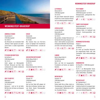 Wenningstedt-Braderup

                                                                                     LA PERGOLA                                   PETIT ROBBY
                                                                                     Dünenstraße 15                               Westerlandstraße 29
                                                                                     25996 Wenningstedt                           25996 Wenningstedt · Tel. 98 52 0
                                                                                     Tel. 46 10 8                                 Alteingesessenes, gutbürgerliches Res-
                                                                                     Die ganze Palette italienischer Genüsse      taurant im Hotel.
                                                                                     erwartet Sie in einem Souterrain Restau-
                                                                                     rant an der Wenningstedter Promenade.

                                                                                                                                  TAMPE’S RESTAURANT
WENNINGSTEDT-BRADERUP                                                                                                             Westerlandstraße 12
                                                                                     LÄSSIG & EASY                                25996 Wenningstedt · Tel. 42 65 3
                                                                                     im Hotel Strandhörn                          Regionale Küche, ob traditionell oder
                                                                                     Dünenstraße 20                               verfeinert. Austernspezialitäten vom
ADMIRALS STUBEN                            GOSCH                                     25996 Wenningstedt                           Feinsten.
Strandstraße 19                            Dünenstraße                               Tel. 94 50 0
25996 Wenningstedt                         25996 Wenningstedt                        Neu gestyltes, trendiges Restaurant von
Tel. 94 08 21                              Tel. 45 68 8                              Kochkünstler Dirk Lässig. Absage an „Fir-
Das Restaurant vom strandnahen Hotel       Neu erbautes Haus von Fisch-Guru          lefanz“, dafür handfest und genussreich.     WENNINGSTEDTER KRUG
„Windrose“ bietet regionale und ambiti-    Gosch. Ein Highlight. Vom Fischbrötchen   Umfangreicher Weinkeller. Raucherlounge      Haupstr. 1
onierte Küche in rustikal eingerichteten   bis zum Schlemmermenü – und alles mit     ab 18 Uhr. In der Saison auch mittags.       25996 Wenningstedt
Räumen.                                    Meerblick.                                                                             Tel. 94 65 0
                                                                                                                                  Ein immer gut besuchtes Restaurant.
                                                                                                                                  Die ausgezeichnete Küche zieht viele
                                                                                                                                  Stammgäste. Große wetterunabhängige
FITSCHEN AM DORFTEICH                                                                LINDOW                                       Terrasse.
Am Dorfteich 2                             JOJO BISTRO/COFFEESHOP                    Berthin-Bleeg-Straße 10
25996 Wenningstedt                         Berthin-Bleeg-Straße 15                   25996 Wenningstedt
Tel. 32 12 0                               25996 Wenningstedt                        Tel. 88 97 80
Schön gelegen am Wenningstedter            Tel. 98 47 0                              Bistro und Café mit hausgemachter            WONNEMEYER
Dorfteich. Restaurant und Hotel. Gute      Kleines Bistro.                           Frischeküche und Kuchen aus eigenem          Am Strand Nr. 1 · 25996 Wenningstedt
norddeutsche und delikate schwäbische      Zwischendurchgerichte, Café & Co.         Backofen.                                    Tel. 45 29 9
Küche, Cafégarten.                                                                                                                Die Nr. 1 am Wenningstedter Strand.
                                                                                                                                  Legèr und urig. Küche regional und medi-
                                                                                                                                  terran. Chillout-Music. Strandfeten.

                                           KLIFFKIEKER                               MEERESBLICK
GOLF-CLUB SYLT                             Strandstr. 28                             Strandstr. 26
Norderweg 5                                25996 Wenningstedt                        25996 Wenningstedt                           WEISSES KLIFF
25996 Wenningstedt                         Tel. 42 83 1                              Tel. 44 42 2                                 M. T. Buchholz Stich 7
Tel. 99 59 84 1                            Hoch auf dem Roten Kliff gelegen mit      Schöne weiße Villa am Meer, direkt am        25996 Braderup · Tel. 43 00 8
Restaurant – nicht nur für die Golfer.     Blick über die Nordsee. Ganztags regio-   Strandübergang von Wenningstedt. Gute        Ländlicher Gasthof mit vorwiegend regio-
Mit Blick über die Greens zum Kampener     nale Küche. Abends Stimmungslokal:        „Hausmannskost“, Mediterranes und Fei-       naler Küche. Gutbürgerlich. Spezialitäten:
Leuchtturm.                                „Danz op de Deel“.                        nes. Strandkorb-Terrasse.                    Meeräsche, Bratkartoffelgerichte.




10                                                                                                                                                                       11
 