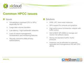 Common HPCC issues
Issues
●

●

●

●

●

Virtualization overhead (5% to 30%)
especially for I/O
Large data volume transfers

Solutions
●

HVM, LXC, bare-metal instances

●

GPU support for compute and graphics

●

Low latency / high bandwidth networks
Lack of mature management,
orchestration and monitoring features

●

Security concerns (data privacy,
authorization)

●

●

Slide 4/14

High performance full-bisection network with
traffic control
GUI & REST API (XMS) to manage and
monitor full software stacks
Strong and standard AuthN / AuthZ
protocols
Instances can be allocated on reserved,
dedicated and homogeneous HW with CPU
affinity

 