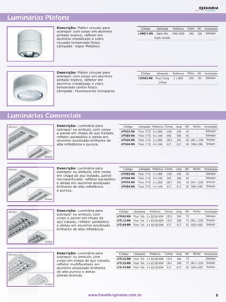 Luminárias Plafons
                     Descrição: Plafon circular para                          Código       Lâmpada          Potência     Diâm. Alt.         Instalação
                     sobrepor com corpo em alumínio
                                                                            LVM071-RN      Vapor Met.       70W/150W        240       206    Sobrepor
                     pintado branco, refletor em
                     alumínio metalizado e vidro                                         Duplo Contato
                     recuado temperado fosco.
                     Lâmpada: Vapor Metálico.




                     Descrição: Plafon circular para                          Código       Lâmpada          Potência     Diâm. Alt.         Instalação
                     sobrepor com corpo em alumínio
                                                                            LFC062-RN     Fluor. Comp        2 x 26W        240       90     Sobrepor
                     pintado branco, refletor em
                     alumínio metalizado e vidro                                            2 Pinos
                     temperado centro fosco.
                     Lâmpada: Fluorescente Compacta.




Luminárias Comerciais
Sobrepor             Descrição: Luminária para                 Código       Lâmpada Potência Comp. Larg.               Alt.   Nicho         Instalação
                     sobrepor ou embutir, com corpo
                                                             LFT012-RN      Fluor. (T-5) 2 x 28W    1190       240     40         -          Sobrepor
                     e painel em chapa de aço tratado,
                                                             LFT003-RN      Fluor. (T-5) 4 x 14W      590      590     40         -          Sobrepor
                     refletor parabólico e aletas em
                     alumínio anodizado brilhante de         LFT032-RN      Fluor. (T-5) 2 x 28W    1243       291     40 246 x 1196         Embutir
                     alta refletância e pureza.              LFT024-RN      Fluor. (T-5) 4 x 14W      617      617     40 596 x 596          Embutir



           Embutir




Sobrepor             Descrição: Luminária para                 Código       Lâmpada Potência Comp. Larg.               Alt.   Nicho         Instalação
                     sobrepor ou embutir, com corpo
                                                             LFT052-RN      Fluor. (T-5) 2 x 28W    1190       240     40         -          Sobrepor
                     em chapa de aço tratado, painel
                                                             LFT044-RN      Fluor. (T-5) 4 x 14W      590      590     40         -          Sobrepor
                     microperfurado, refletor parabólico
                     e aletas em alumínio anodizado          LFT072-RN      Fluor. (T-5) 2 x 28W    1243       291     40 246 x 1196         Embutir
                     brilhante de alta refletância           LFT064-RN      Fluor. (T-5) 4 x 14W      617      617     40 596 x 596          Embutir
                     e pureza.

           Embutir




Sobrepor             Descrição: Luminária para              Código      Lâmpada      Potência       Comp. Larg.        Alt.   Nicho         Instalação
                     sobrepor ou embutir, com
                                                           LFT092-RN    Fluor. Tub. 2 x 32/36/40W 1315         304     75         -          Sobrepor
                     corpo e painel em chapa de
                                                           LFT112-RN    Fluor. Tub. 2 x 32/36/40W 1243         308     75 295 x 1230         Embutir
                     aço tratado, refletor parabólico
                     e aletas em alumínio anodizado        LFT104-RN    Fluor. Tub. 4 x 16/18/20W     617      617     82 600 x 600          Embutir
                     brilhante de alta refletância.



           Embutir




Sobrepor             Descrição: Luminária para              Código      Lâmpada      Potência       Comp. Larg.        Alt.   Nicho         Instalação
                     sobrepor ou embutir, com
                                                           LFT132-RN    Fluor. Tub. 2 x 32/36/40W 1315         304     75         -          Sobrepor
                     corpo em chapa de aço tratado,
                                                           LFT152-RN    Fluor. Tub. 2 x 32/36/40W 1243         308     75 295 x 1230         Embutir
                     refletor multifacetado em
                     alumínio anodizado brilhante          LFT144-RN    Fluor. Tub. 4 x 16/18/20W     617      617     82 600 x 600          Embutir
                     de alta pureza e aletas
                     planas brancas.

           Embutir



                                       www.havells-sylvania.com.br                                                                                      6
 