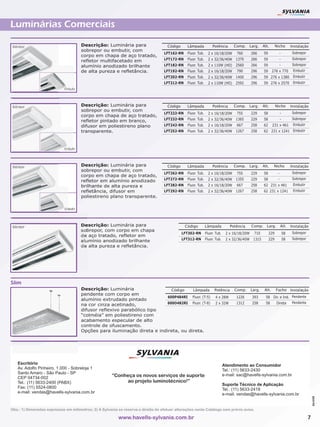 Luminárias Comerciais

Sobrepor                               Descrição: Luminária para                     Código     Lâmpada            Potência      Comp. Larg.         Alt.       Nicho         Instalação
                                       sobrepor ou embutir, com
                                                                                   LFT162-RN    Fluor. Tub.     2 x 16/18/20W      760       266     59           -            Sobrepor
                                       corpo em chapa de aço tratado,
                                                                                   LFT172-RN    Fluor. Tub.     2 x 32/36/40W 1370           266     59           -            Sobrepor
                                       refletor multifacetado em
                                       alumínio anodizado brilhante                LFT182-RN    Fluor. Tub.     2 x 110W (HO) 2560           266     59           -            Sobrepor
                                       de alta pureza e refletância.               LFT192-RN    Fluor. Tub.     2 x 16/18/20W      790       296     59      276 x 770         Embutir
                                                                                   LFT202-RN    Fluor. Tub.     2 x 32/36/40W 1400           296     59 276 x 1380             Embutir
                                                                                   LFT212-RN    Fluor. Tub.     2 x 110W (HO) 2592           296     59 276 x 2570             Embutir
                             Embutir




Sobrepor                               Descrição: Luminária para                     Código     Lâmpada            Potência      Comp. Larg.         Alt.       Nicho         Instalação
                                       sobrepor ou embutir, com
                                                                                   LFT222-RN    Fluor. Tub.     2 x 16/18/20W      755       229     58              -         Sobrepor
                                       corpo em chapa de aço tratado,
                                                                                   LFT232-RN    Fluor. Tub.     2 x 32/36/40W 1365           229     58              -         Sobrepor
                                       refletor pintado em branco,
                                       difusor em poliestireno plano               LFT242-RN    Fluor. Tub.     2 x 16/18/20W      667       258     62  231 x 461 Embutir
                                       transparente.                               LFT252-RN    Fluor. Tub.     2 x 32/36/40W 1267           258     62 231 x 1241 Embutir



                             Embutir




Sobrepor                               Descrição: Luminária para                     Código     Lâmpada            Potência      Comp. Larg.         Alt.     Nicho           Instalação
                                       sobrepor ou embutir, com
                                                                                   LFT262-RN    Fluor. Tub.     2 x 16/18/20W      755       229     58          -             Sobrepor
                                       corpo em chapa de aço tratado,
                                                                                   LFT272-RN    Fluor. Tub.     2 x 32/36/40W 1355           229     58          -             Sobrepor
                                       refletor em alumínio anodizado
                                       brilhante de alta pureza e                  LFT282-RN    Fluor. Tub.     2 x 16/18/20W      667       258     62 231 x 461              Embutir
                                       refletância, difusor em                     LFT292-RN    Fluor. Tub.     2 x 32/36/40W 1267           258     62 231 x 1241             Embutir
                                       poliestireno plano transparente.

                             Embutir




Sobrepor                               Descrição: Luminária para                               Código         Lâmpada          Potência      Comp. Larg.             Alt.     Instalação
                                       sobrepor, com corpo em chapa
                                                                                              LFT302-RN       Fluor. Tub.    2 x 16/18/20W    710         229            58    Sobrepor
                                       de aço tratado, refletor em
                                                                                              LFT312-RN       Fluor. Tub.    2 x 32/36/40W 1315           229            58    Sobrepor
                                       alumínio anodizado brilhante
                                       de alta pureza e refletância.




Slim
                                       Descrição: Luminária                  Código   Lâmpada Potência                            Comp.      Larg.    Alt.      Facho Instalação
                                       pendente com corpo em
                                                                           600P484RI Fluor. (T-5) 4 x 28W                          1226      393       58 Dir. e Ind. Pendente
                                       alumínio extrudado pintado
                                                                           600O482RI Fluor. (T-8) 2 x 32W                          1312      258       58   Direta    Pendente
                                       na cor cinza acetinado,
                                       difusor reflexivo parabólico tipo
                                       “colméia” em poliestireno com
                                       acabamento especular de alto
                                       controle de ofuscamento.
                                       Opções para iluminação direta e indireta, ou direta.




   Escritório                                                                                                               Atendimento ao Consumidor
   Av. Adolfo Pinheiro, 1.000 - Sobreloja 1                                                                                 Tel.: (11) 5633-2430
   Santo Amaro - São Paulo - SP                                                                                             e-mail: sac@havells-sylvania.com.br
   CEP 04734-002                                       “Conheça os novos serviços de suporte
   Tel.: (11) 5633-2400 (PABX)                               ao projeto luminotécnico!”
                                                                                                                            Suporte Técnico de Aplicação
   Fax: (11) 5524-0800                                                                                                      Tel.: (11) 5633-2418
   e-mail: vendas@havells-sylvania.com.br                                                                                   e-mail: vendas@havells-sylvania.com.br
                                                                                                                                                                                              Abril/08




Obs.: 1) Dimensões expressas em milímetros; 2) A Sylvania se reserva o direito de efetuar alterações neste Catálogo sem prévio aviso.

                                                          www.havells-sylvania.com.br                                                                                                     7
 