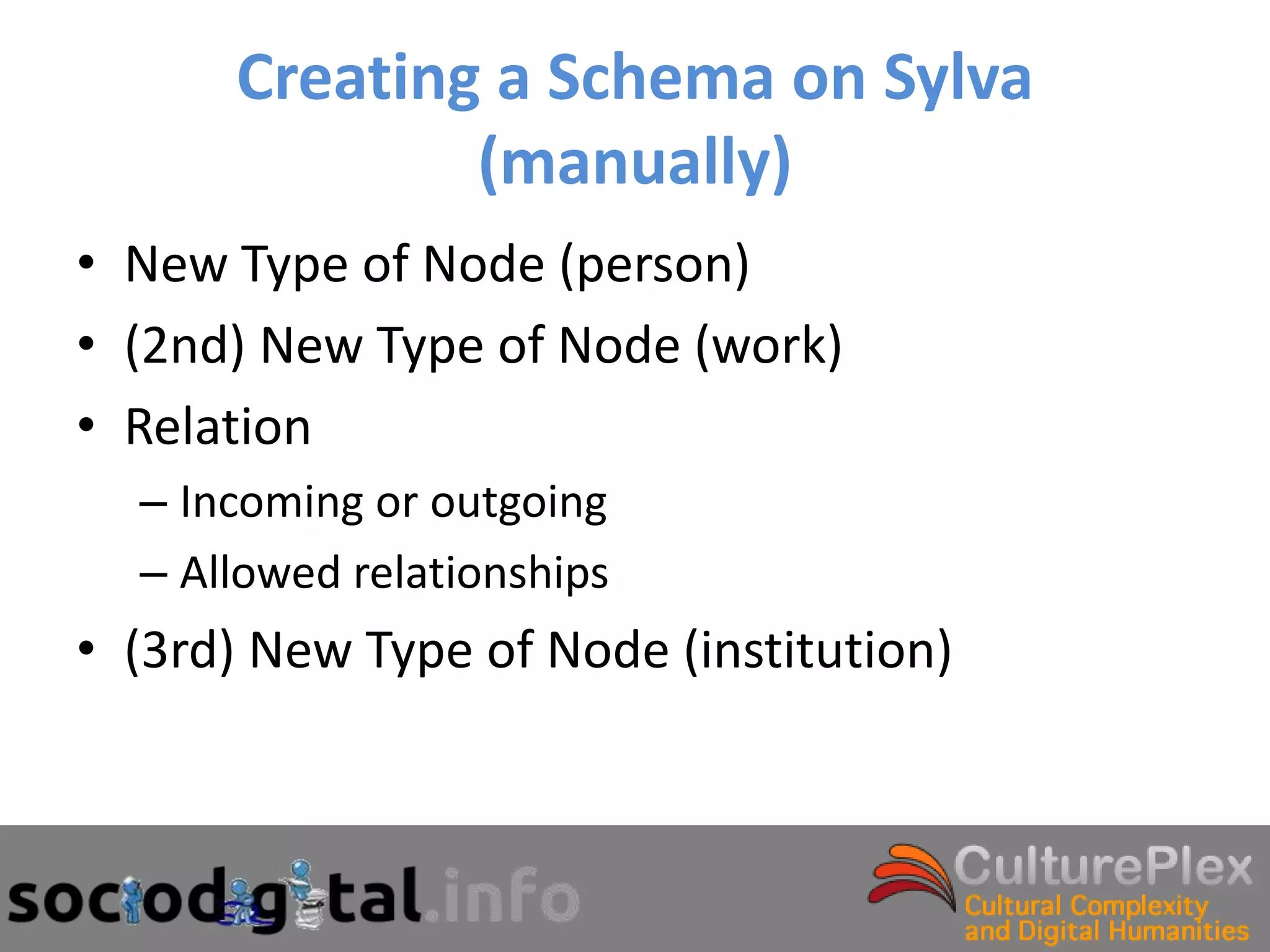 Creating a Schema on Sylva
              (manually)
• New Type of Node (person)
• (2nd) New Type of Node (work)
• Relation
  – Incoming or outgoing
  – Allowed relationships
• (3rd) New Type of Node (institution)
 